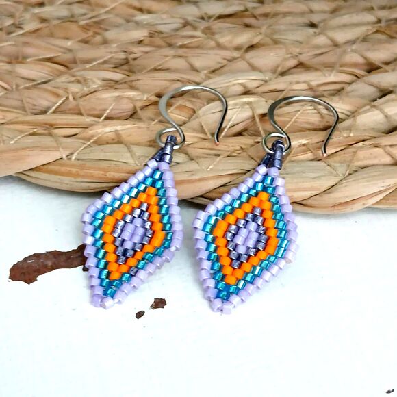 Boho Chic Beaded Dangle Earrings, Seed Bead Jewelry, Geometric, 2" - Picture 2 of 5